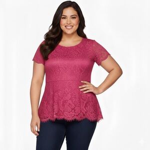 NWOT Isaac Mizrahi Pink SoftLace Summer Blouse peplum top with shark bite bottom